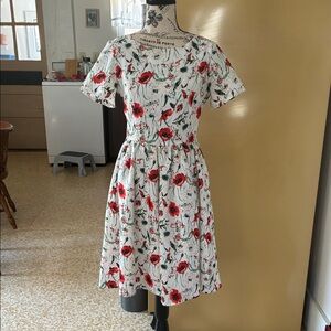 White Floral Dress with Red Poppy Print